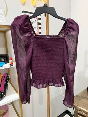 Express Plum Smocked Square-Neck Puff Sleeve Top